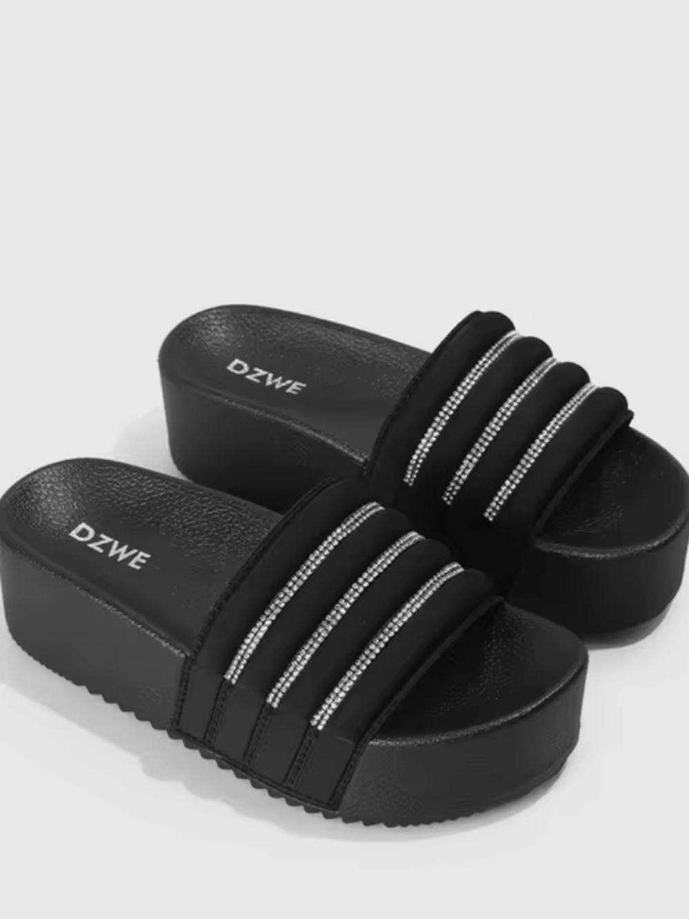 Like New Black Platform Slide Sandals with Rhinestone Straps
